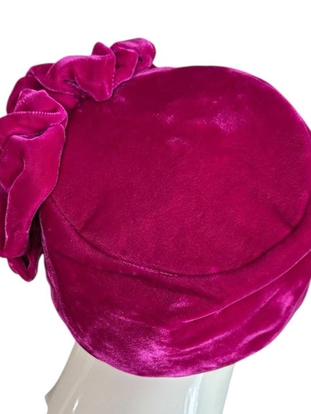 Vintage Carson Pirie Scott Hot Pink Velvet Ruffled Pillbox Hat Mid Century Chic
